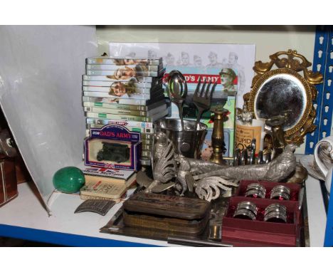 Dads Army videos and memorabilia, various metalware, small gilt mirror, coinage, etc