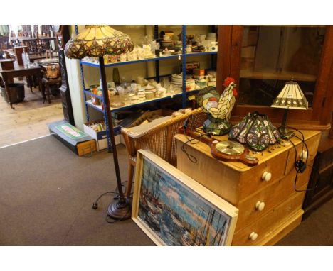 Tiffany style standard lamp, table lamp, cockerel lamp and shade, barometer, four pictures and mirror (10)