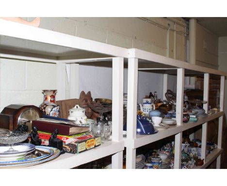 Hand sewing machine, mantel clock, stamps, kitchen scales and weights, glass, china, ornaments, etc