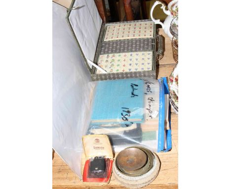 Mahjong set, Ronson lighter, folder with cards, stamps, etc