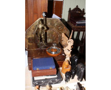 Decorative brass tray, figure lamp, assorted cutlery, ebony elephants, carved wood animals, etc