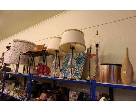 Turned leg occasional armchair, pair stitched tan chairs, pair contemporary bottle vases, painted panel, lamps and light fitt