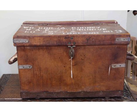 Vintage leather and metal bound trunk, bears stencilled RAF inscription to WG. CDR. J.A. COONEY. 69.5cm wide