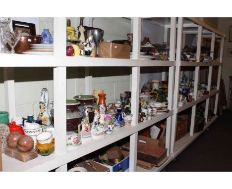 Full shelf of china including vases, ornaments, Delphati dinnerware, Staffordshire, etc