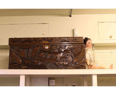 Carved Eastern camphorwood trunk (for restoration) and German Heubach bisque head doll, No. 3428 (2)