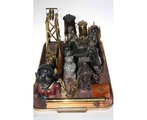 Two miners lamps and mining ornaments, metal money boxes, clock, 'The Cheats' playing card ornament, etc