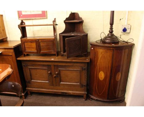 Inlaid mahogany two door bow front standing corner cupboard, string inlaid mahogany two door cupboard, antique oak two door c