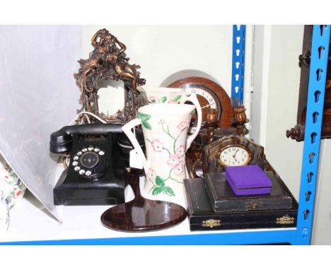 Vintage telephone, pair of metal photograph frames, oak mantel clock, dressing table ware, cutlery, two jugs and firescreen