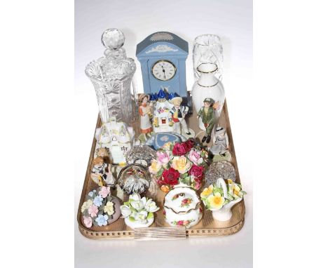 Glass decanter, two vases, Waterford glass clock and tortoise, two Coalport cottages, Wedgwood figures, etc