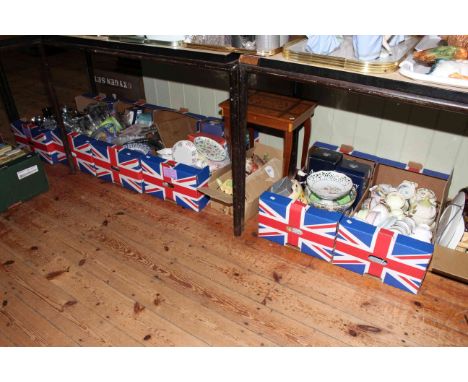 Eight boxes of various glass, china, ornaments, metalware, miners lamp, musical table, etc