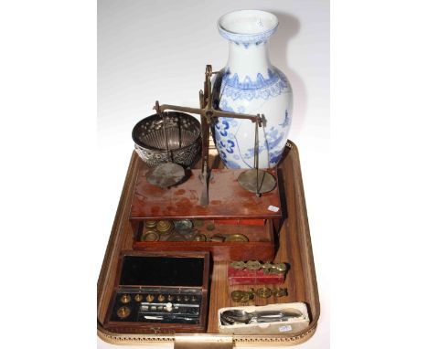 Chinese vase, silver plated bowl and spoons, balance scales and weights and cased set of weights