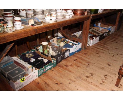 Eight boxes of glasswares, ornaments, china, pictures, clock, magazines, light bowl, etc