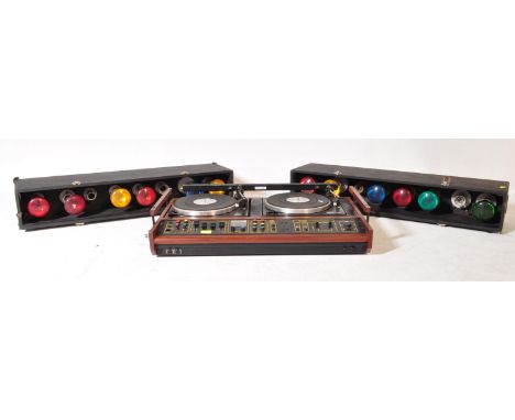 A vintage 20th century DJ disco twin console turntables decks. Garrard 'Disco Driver 80' turntable decks on teak console case