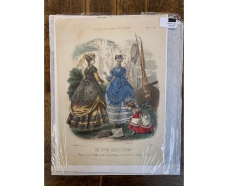 Paris Fashion 'The Young Ladies Journal' - coloured picture of (3) elegantly dressed women fishing, copyright August 1869 1st