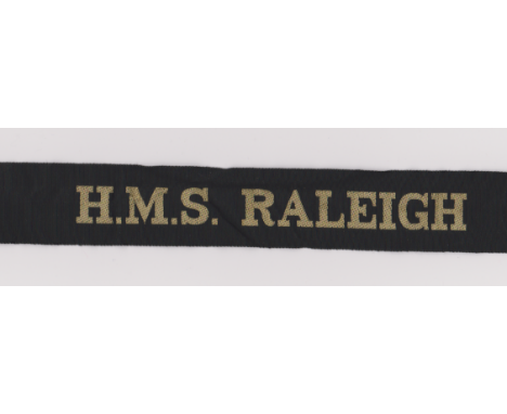 British H.M.S. Raleigh (Shire Establishment) Royal Navy Cap Tally, HMS Raleigh is a stone frigate (shore establishment), serv