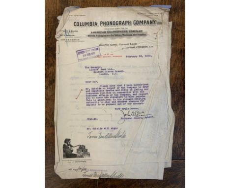 Music - 1910  Columbia Phonograph Company. 1910 Letter-headed correspondence with Dictaphone illustration (4 items). Some a l