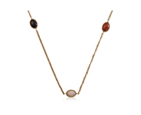 A MULTI-COLOURED JADE LONG NECKLACE
Featuring jade cabochons of various colours, mounted in a yellow gold setting marked '585