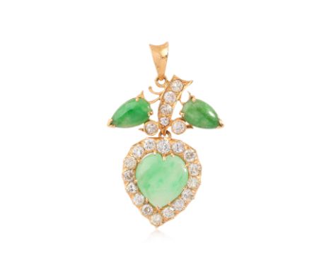 A JADEITE AND DIAMOND PENDANT
Featuring three jade cabochon pieces mounted in an unmarked yellow gold setting, accented with 