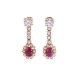 A RUBY CABOCHON AND DIAMOND EARRINGS