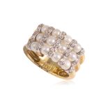 A THREE ROW AKOYA CULTURED PEARL AND DIAMOND RING