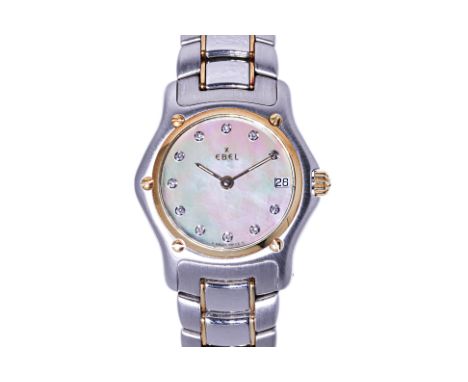 AN EBEL LADY'S 1911 STAINLESS STEEL AND GOLD BRACELET WATCH
Ref.188901,
Stainless steel case with gold bezel, mother of pearl