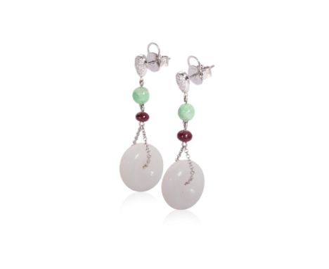 A PAIR OF JADE AND MULTI GEMS EARRINGS
Featuring a pair of white jade pieces mounted in a white gold setting marked '750' for