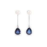 A PAIR OF BLUE SAPPHIRE AND AKOYA CULTURED PEARL EARRINGS