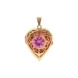 A SYNTHETIC PINK SAPPHIRE 'HEART' LOCKET PENDANT