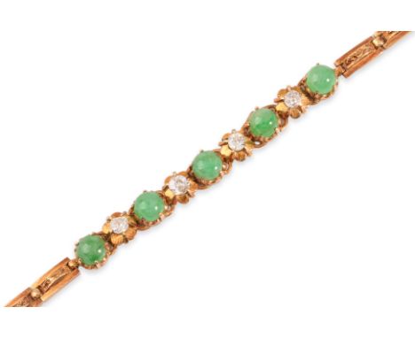 A JADE AND DIAMOND BRACELET
Featuring round cabochon jade pieces mounted in an unmarked yellow gold setting, accented with ol