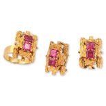 A SYNTHETIC RUBY RING AND EARRINGS SET