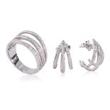 A DIAMOND MULTI-ROW RING AND A PAIR OF SIMILAR EARRINGS