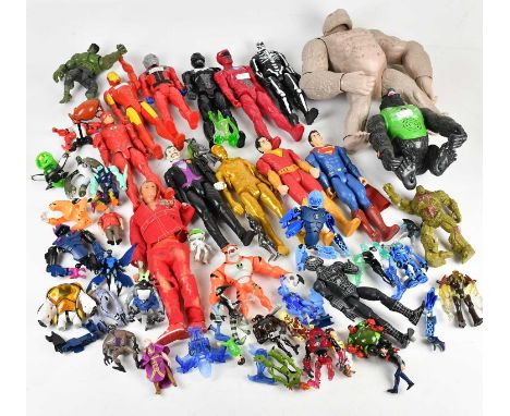 A collection of loose action figures including Action Man, Power Rangers, The Hulk, Batman, Superman, Shazam, Spiderman, The 