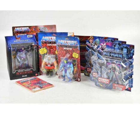 A collection of Master Of The Universe figures and vehicles, including Mattel Land Shark, Mattel Panther, Revelation Skeletor