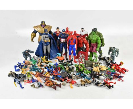 A collection of loose action figures including The Avengers, Shrek, Ben 10, Power Rangers, Superman, etc. 