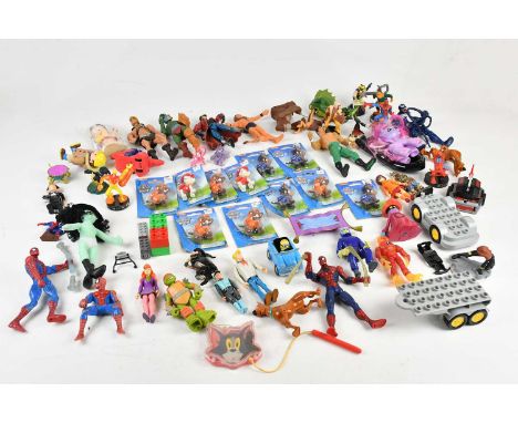 A collection of assorted action figures, including franchises such as WWE, Marvel, He-Man, Paw Patrol, etc.