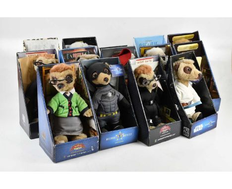 A collection of fourteen Compare The Market plush meerkats, incuding Superman, Batman and Star Wars examples, etc (14)