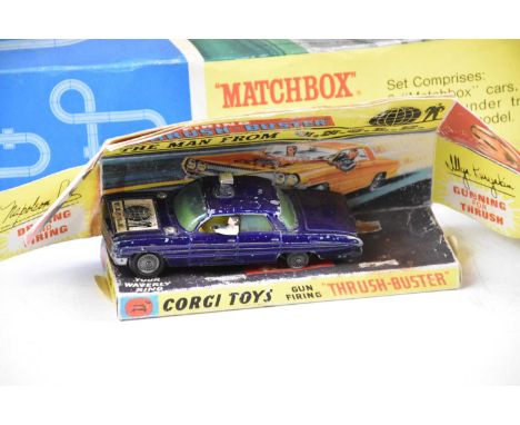 A collection of die-cast and model vehicles including Cherilaea Jeep with trailer, Matchbox M-2 Motorise motorway with E-2 ex