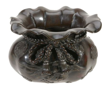  A Japanese Bronze Vase   modelled in the form of Hotei's sack of Treasures, the bulbous vessel tied at the shoulder in imita