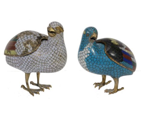  A Chinese Cloisonné enamel quail-form incense burner  , Qianlong/Jiaqing, shown standing with head turned to the side and be