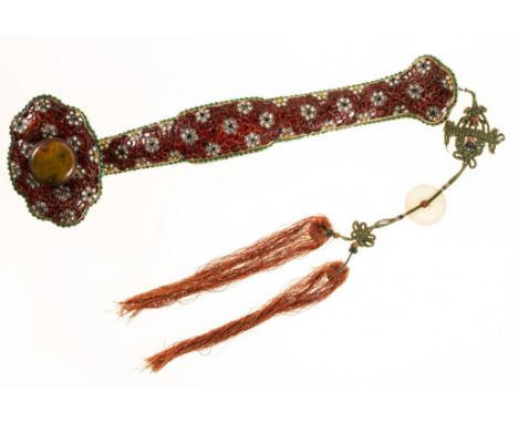  A rare  ruyi   sceptre, 18th-19th century  , elegantly inlaid with translucent coloured glass paste imitating precious stone