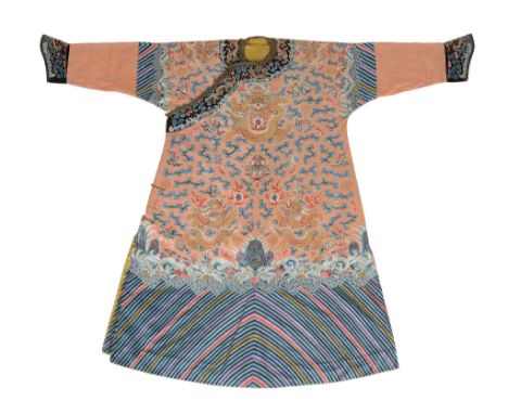  A rare embroidered Imperial apricot ground twelve symbols dragon robe, jifu, 19h century  , finely worked in satin stitches 