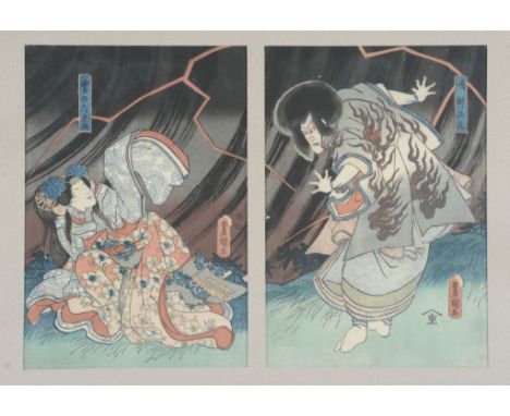  A woodblock diptych print after Toyokuni III; another by Tsukioka Yoshitoshi   being Tokeida Hayata, No. 20 from his 1874 se