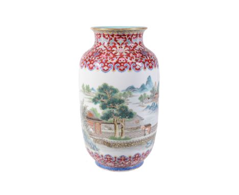  A Chinese  famille rose   landscape vase  ,  early 20th century,   well  painted with a scene of formal palace gardens with 