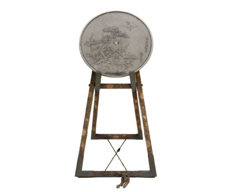  A Large Japanese Bronze Mirror, Case and Stand,   the circular mirror cast to one side with cranes, a minogame and "The Thre