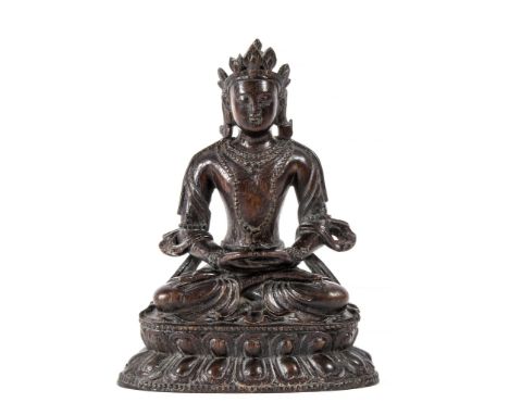  A rare, carved wood figure of Amitayus, 18th-19th century  , seated in dhyanasana on a double lotus pedestal, with hands  in