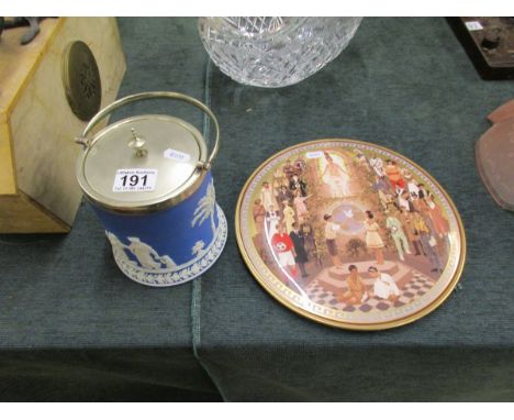 Wedgwood biscuit barrel and Royal Worcester plaque