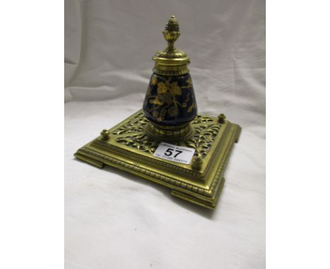 Victorian brass and porcelain inkwell & stand