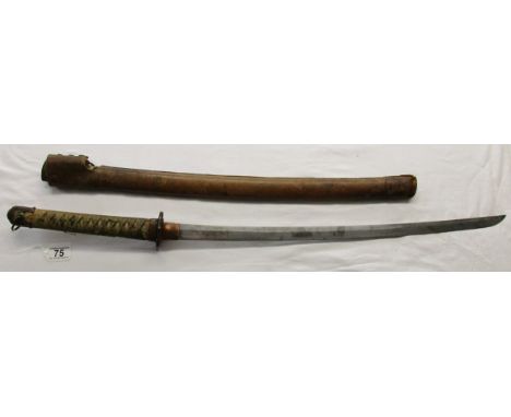 Pre WWII Japanese Katana Sword with Leather Scabbard &amp; Stingray Skin HandleThe blade has a nice visible grain, suggesting