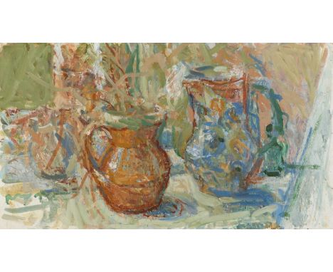 Jane Dowling (1925-2023)
Still life of jugs
oil on board
25 x 47cm, unframed.
 
Mallams are delighted to offer paintings by t