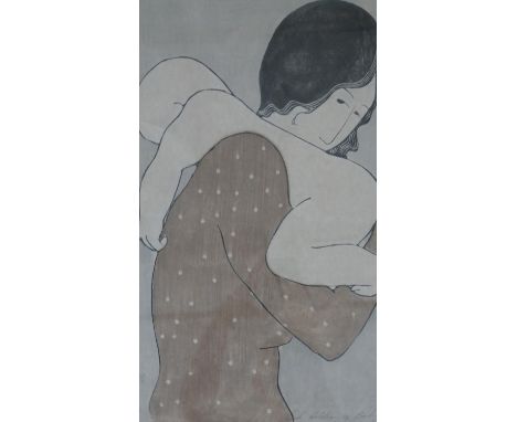 A framed and glazed woodblock print in colour by artist Stephen White 'Lady Holding a Baby, 1974, signed by artist. H.98 W.83